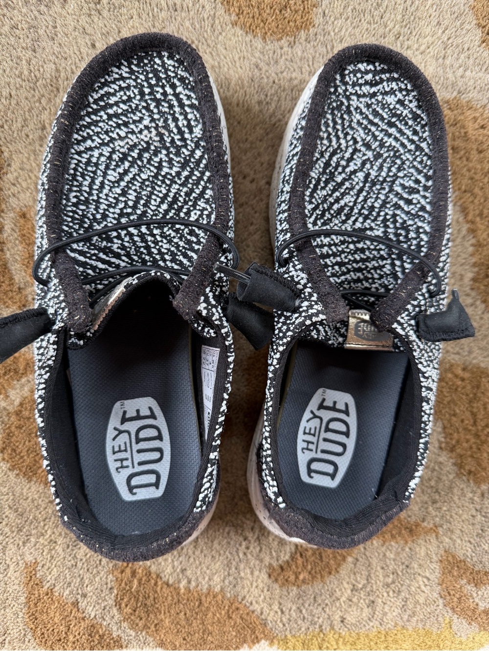 Hey Dude Black, White, and gold Knit Slip-On Casual Shoes